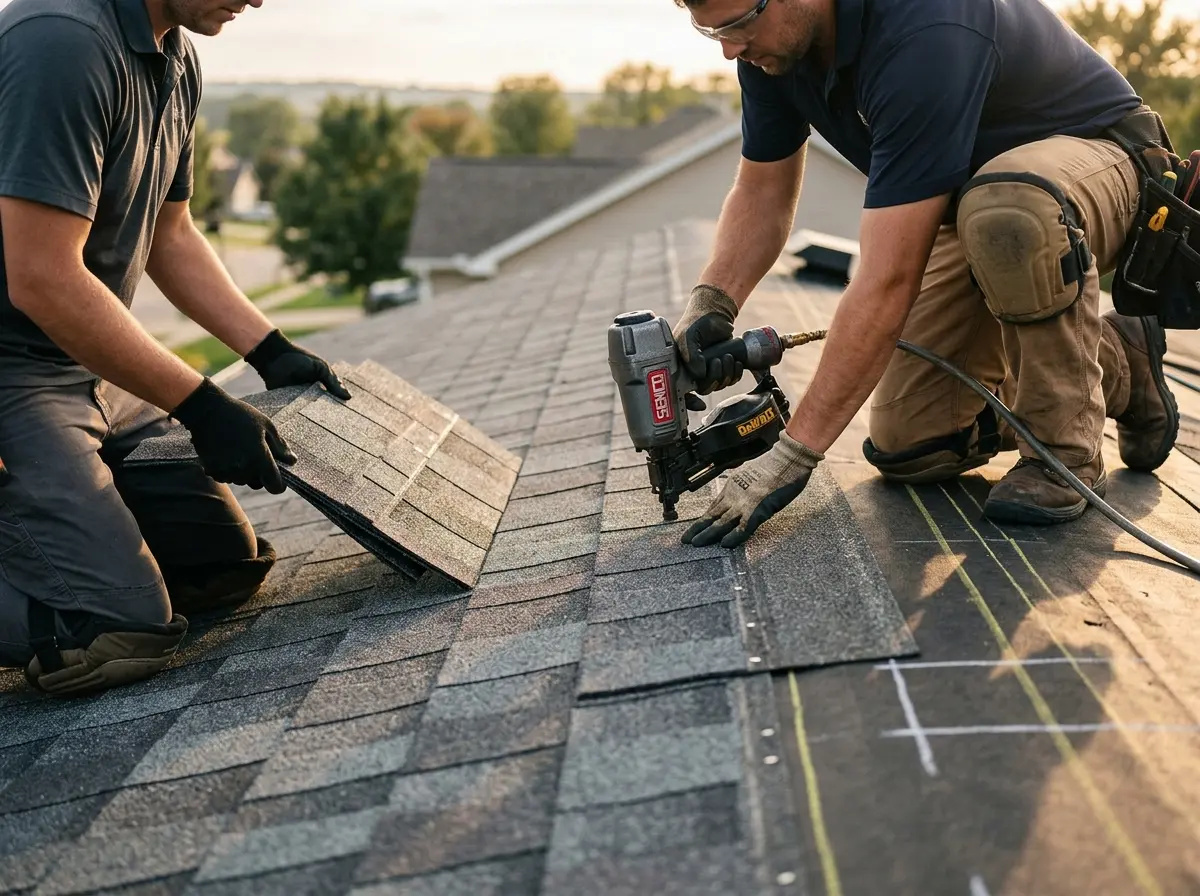 Professional roofer working on a residential roof in California Polytechnic State University
